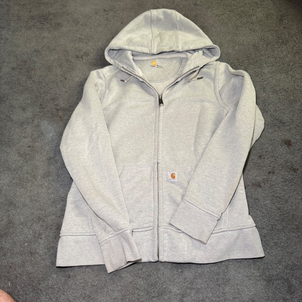 Carhartt Womens M 8-10 Grey Full Zip Hooded Sweatshirt Midweight Fleece Hoodie